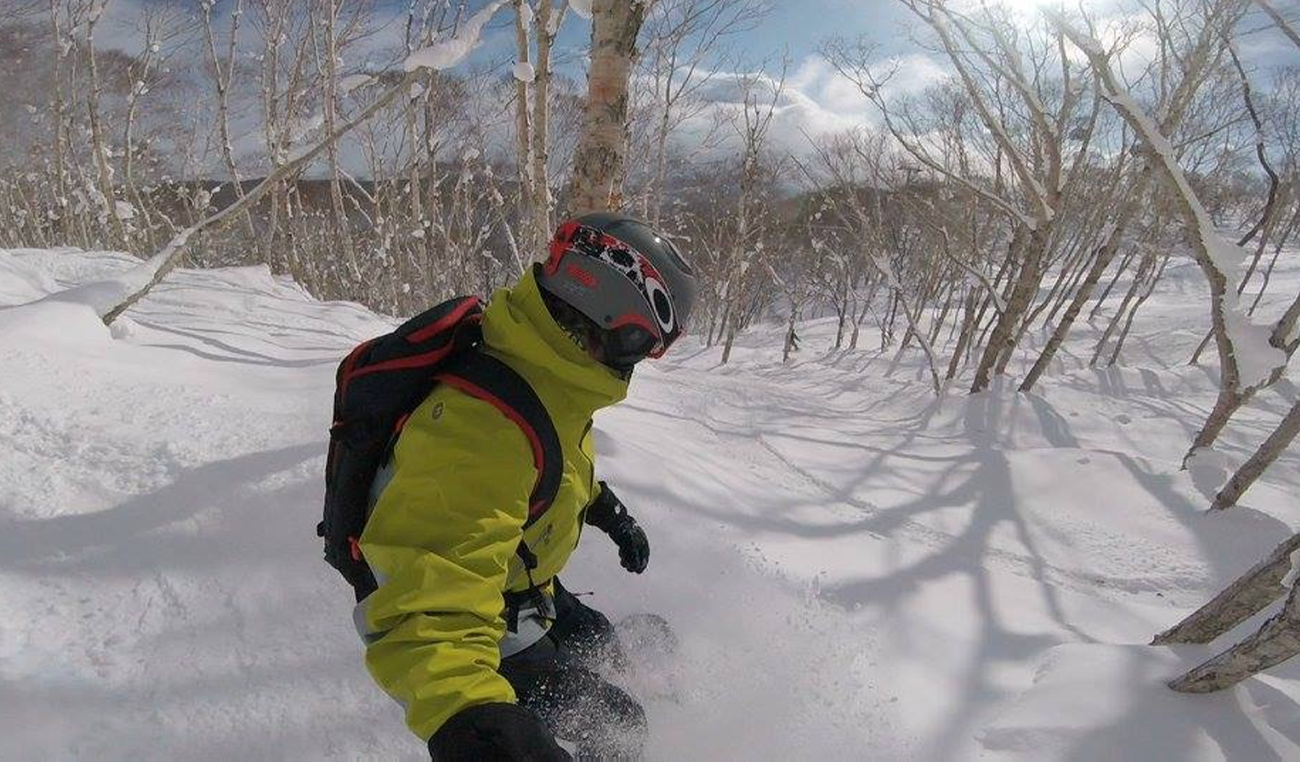 Man snowboarding through trees in Japan